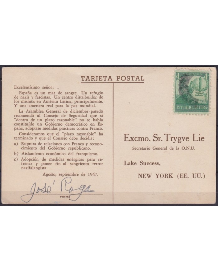 POS-1900 CUBA POSTCARD 1947 CAMPAÑ ESPAÑOLES ANTIFRANQUISTAS HITLER - FRANCO.