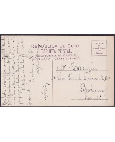POS-1902 CUBA POSTCARD 1909 HAVANA MORRO CASTLE TO FRANCE.