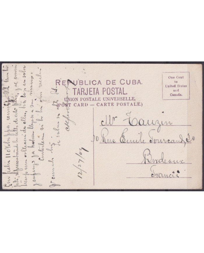 POS-1902 CUBA POSTCARD 1909 HAVANA MORRO CASTLE TO FRANCE.