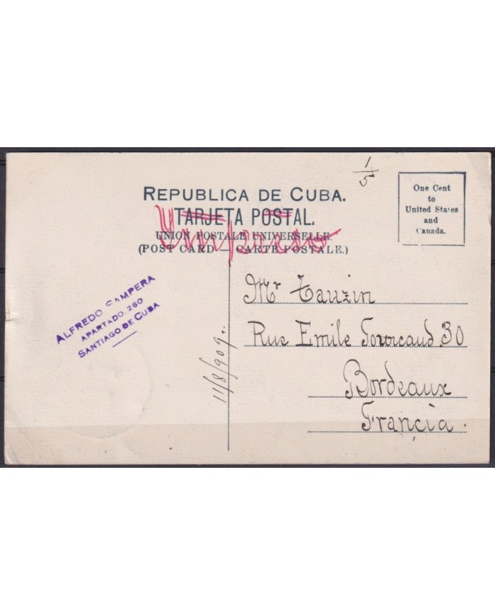 POS-1903 CUBA POSTCARD 1909 PALM VALLEY OF MATANZAS TO FRANCE.