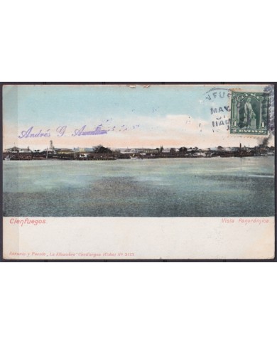 POS-1904 CUBA POSTCARD 190? CIENFUEGOS PANORAMICS HARBOR TO FRANCE.