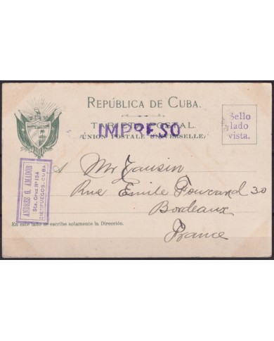 POS-1904 CUBA POSTCARD 190? CIENFUEGOS PANORAMICS HARBOR TO FRANCE.