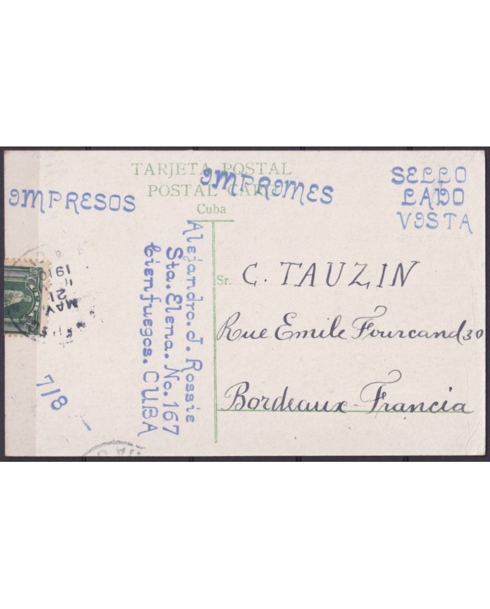 POS-1905 CUBA POSTCARD 1910 COUNTRY LANDSCAPE BOHIO HOUSE TO FRANCE.