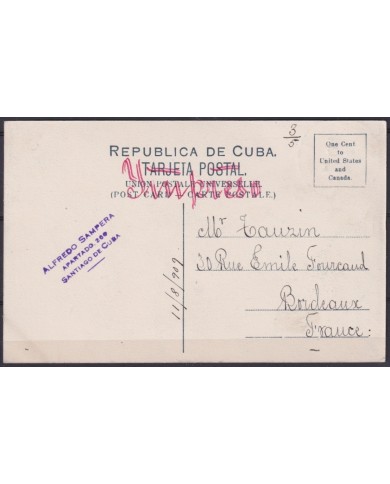 POS-1906 CUBA POSTCARD 1909 DESMOCHADOR DE PALMAS CLIMBING OTHE ROYAL PALM TO FRANCE.