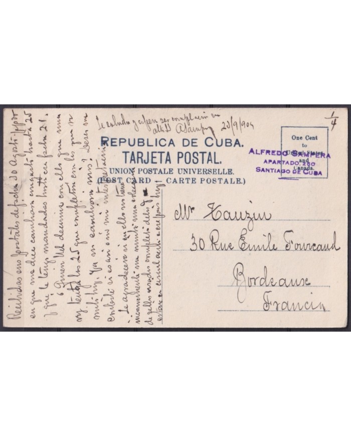 POS-1908 CUBA POSTCARD 1909 LANDSCAPE TOBACCO PLANTING SEMBRANDO TABACO TO FRANCE.