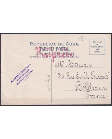 POS-1909 CUBA POSTCARD 1909 MARIANAO COUNTRY PALM LANDSCAPE TO FRANCE.