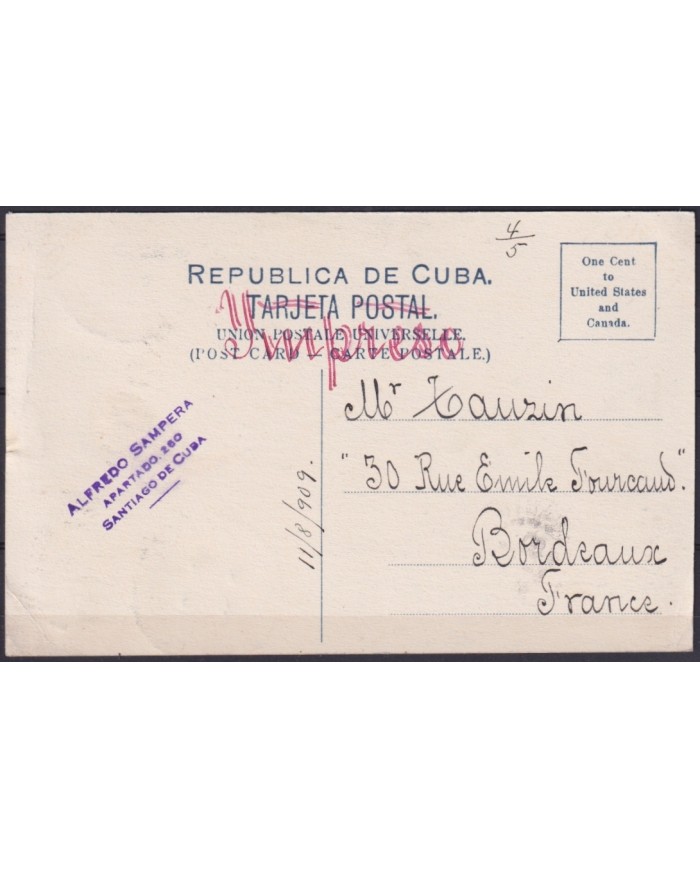 POS-1909 CUBA POSTCARD 1909 MARIANAO COUNTRY PALM LANDSCAPE TO FRANCE.