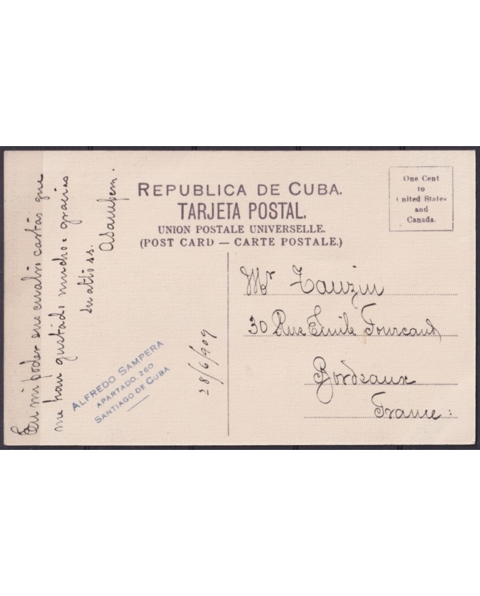 POS-1910 CUBA POSTCARD 1909 MATANZAS MARTI PROMENADE TO FRANCE.