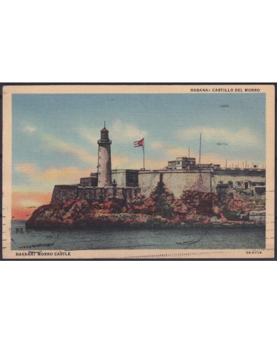 POS-1912 CUBA POSTCARD 1949 HAVANA MORRO CASTLE LANDSCAPE TO SPAIN.