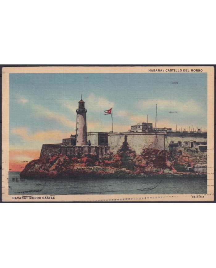 POS-1912 CUBA POSTCARD 1949 HAVANA MORRO CASTLE LANDSCAPE TO SPAIN.