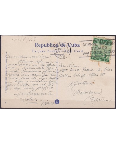 POS-1912 CUBA POSTCARD 1949 HAVANA MORRO CASTLE LANDSCAPE TO SPAIN.
