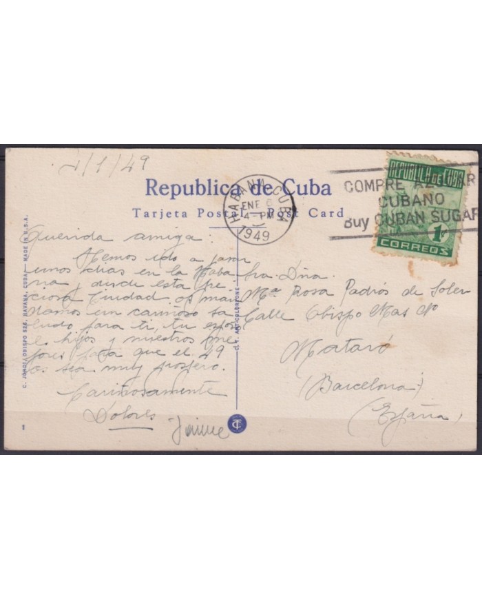 POS-1912 CUBA POSTCARD 1949 HAVANA MORRO CASTLE LANDSCAPE TO SPAIN.