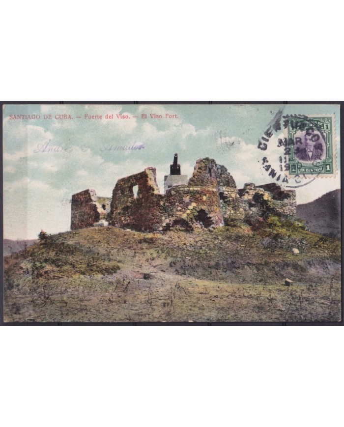 POS-1913 CUBA POSTCARD 1909 SANTIAGO DE CUBA EL VISO FORT CIENFUEGOS TO FRANCE.