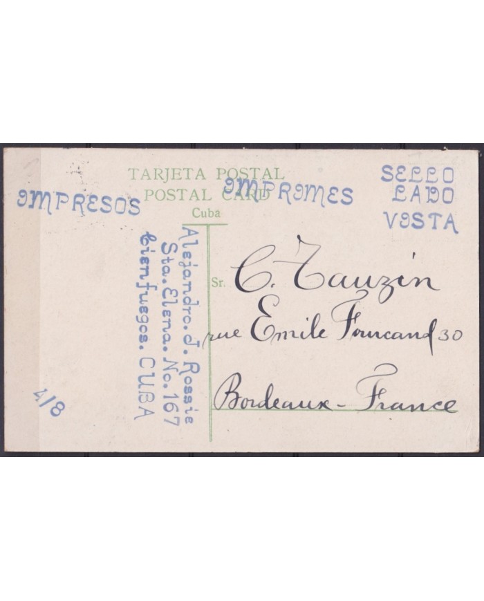 POS-1914 CUBA POSTCARD 1910 HAVANA ROYAL PALM AVENUE CIENFUEGOS TO FRANCE.