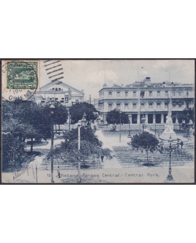 POS-1915 CUBA POSTCARD 1909 HAVANA CENTRAL PARK SANTIAGO DE CUBA TO FRANCE.