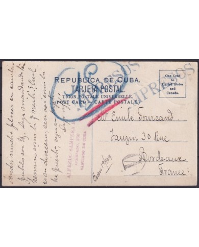 POS-1915 CUBA POSTCARD 1909 HAVANA CENTRAL PARK SANTIAGO DE CUBA TO FRANCE.