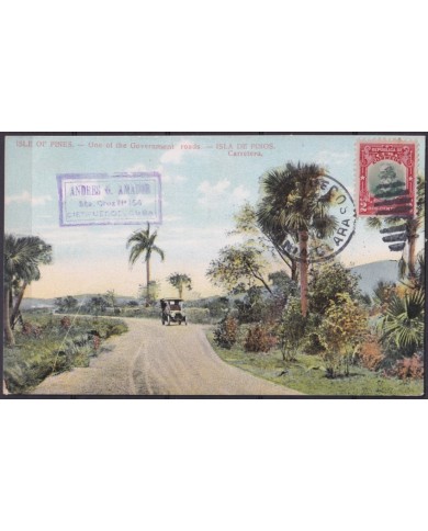 POS-1916 CUBA POSTCARD 1909 PINES IS ROADS & OLD CARS CIENFUEGOS TO FRANCE.