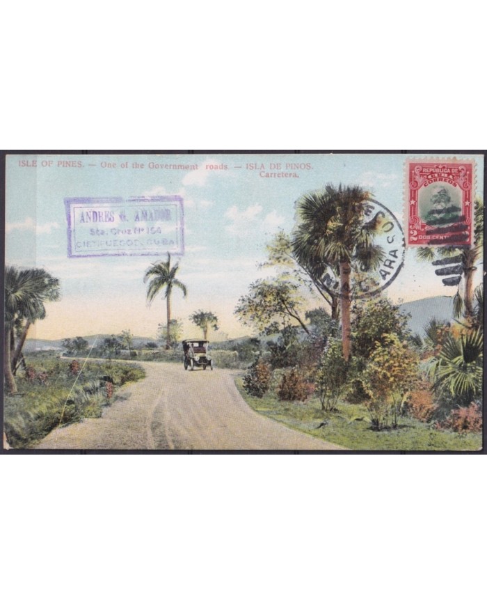 POS-1916 CUBA POSTCARD 1909 PINES IS ROADS & OLD CARS CIENFUEGOS TO FRANCE.