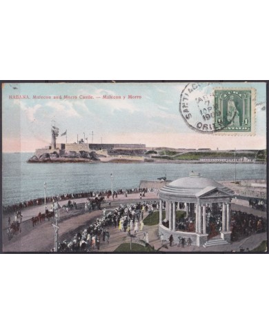 POS-1917 CUBA POSTCARD 1909 HAVANA HARBOR STREET MALECON & PUNTA CASTLE TO FRANCE.