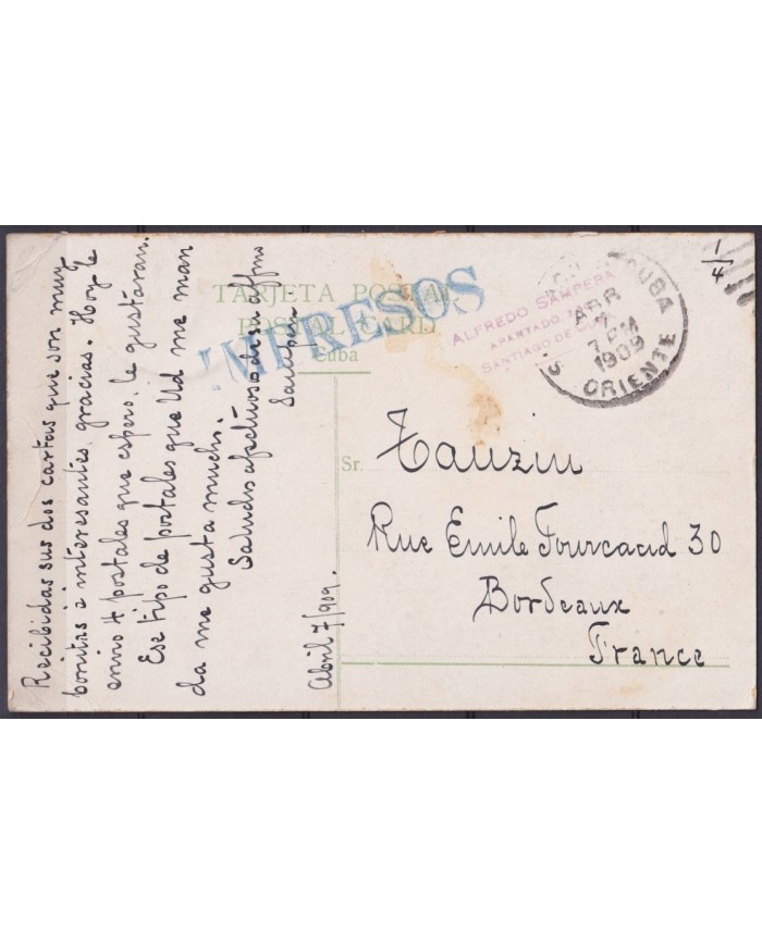 POS-1917 CUBA POSTCARD 1909 HAVANA HARBOR STREET MALECON & PUNTA CASTLE TO FRANCE.