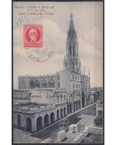 POS-1918 CUBA POSTCARD 1922 HAVANA REINA STREET CHURCH OF JESUS TO ARGENTINA.