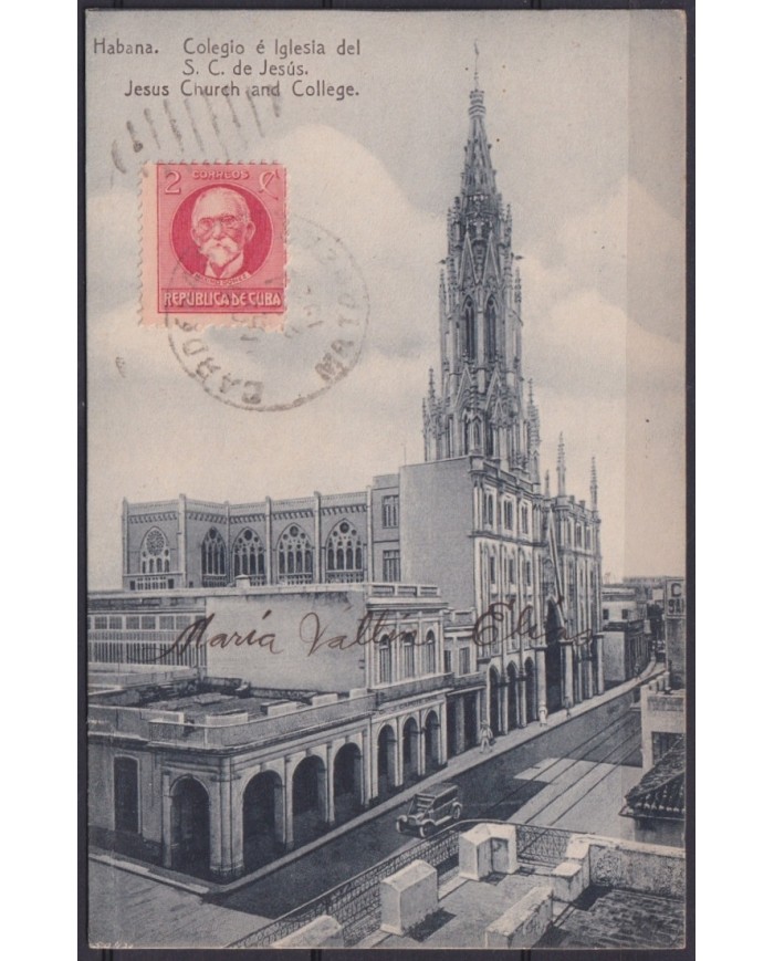 POS-1918 CUBA POSTCARD 1922 HAVANA REINA STREET CHURCH OF JESUS TO ARGENTINA.