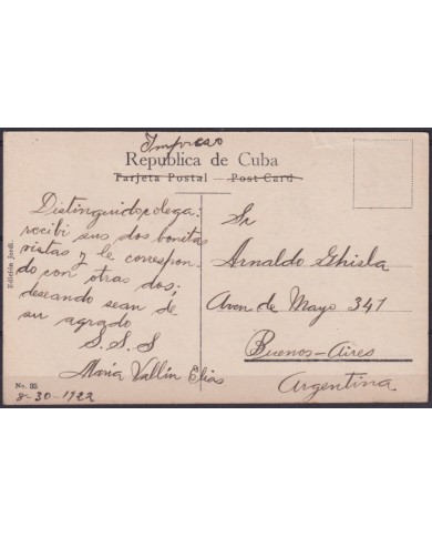 POS-1918 CUBA POSTCARD 1922 HAVANA REINA STREET CHURCH OF JESUS TO ARGENTINA.