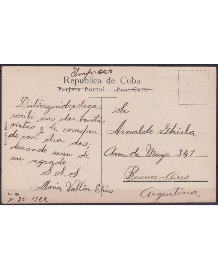 POS-1918 CUBA POSTCARD 1922 HAVANA REINA STREET CHURCH OF JESUS TO ARGENTINA.
