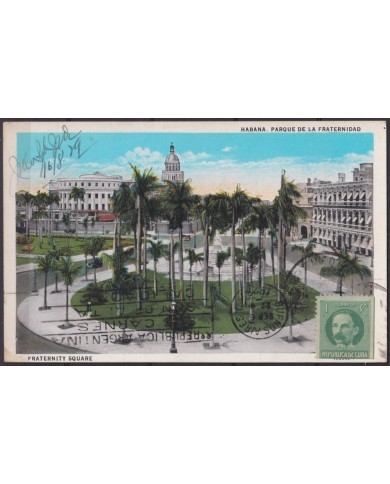 POS-1919 CUBA POSTCARD 1929 HAVANA FRATERNITY SQUARE TO ARGENTINA BEEF CANCEL.