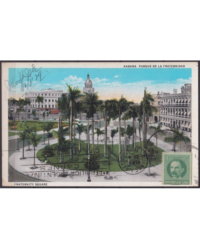 POS-1919 CUBA POSTCARD 1929 HAVANA FRATERNITY SQUARE TO ARGENTINA BEEF CANCEL.