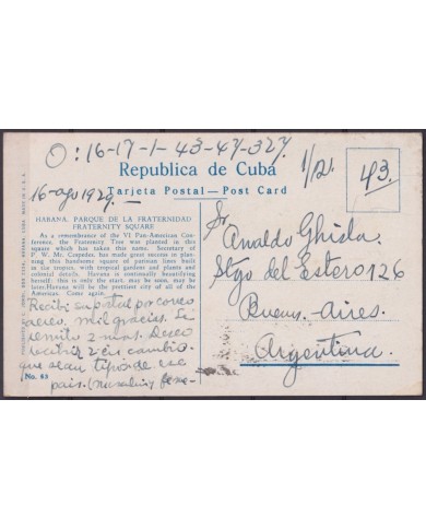 POS-1919 CUBA POSTCARD 1929 HAVANA FRATERNITY SQUARE TO ARGENTINA BEEF CANCEL.