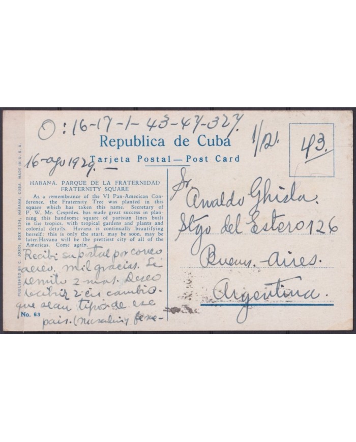 POS-1919 CUBA POSTCARD 1929 HAVANA FRATERNITY SQUARE TO ARGENTINA BEEF CANCEL.