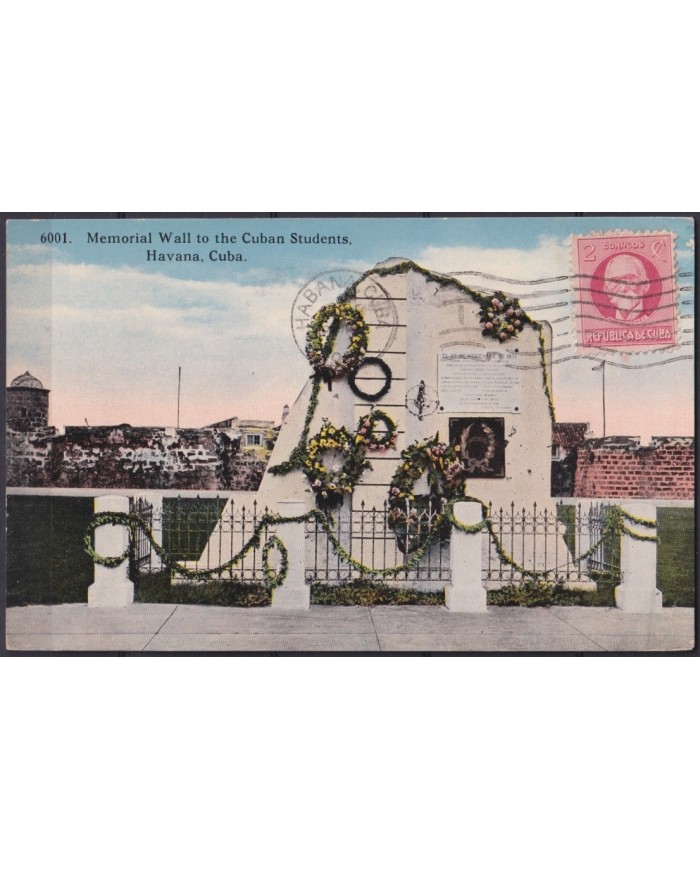 POS-1920 CUBA POSTCARD 1918 WWI CENSORSHIP HAVANA MEMORIAL WALL OF STUDENTS TO ARGENTINA.
