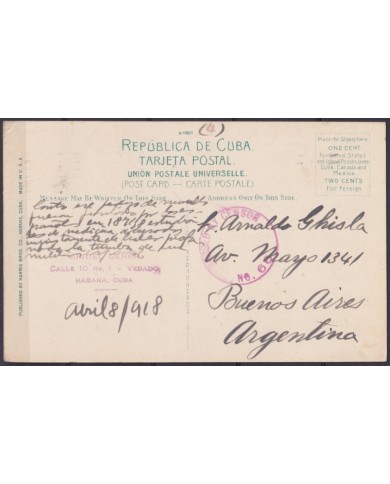 POS-1920 CUBA POSTCARD 1918 WWI CENSORSHIP HAVANA MEMORIAL WALL OF STUDENTS TO ARGENTINA.