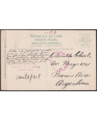 POS-1920 CUBA POSTCARD 1918 WWI CENSORSHIP HAVANA MEMORIAL WALL OF STUDENTS TO ARGENTINA.