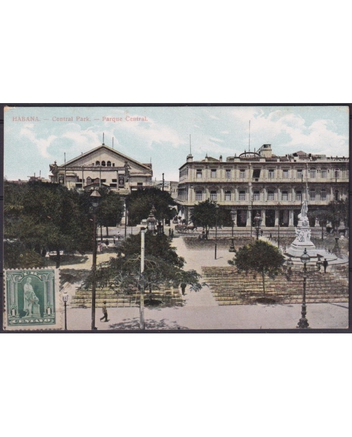 POS-1921 CUBA POSTCARD CIRCA 1909 HAVANA CENTRAL PARK TO ARGENTINA.