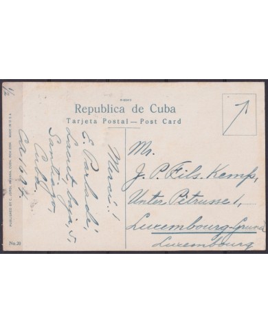 POS-1922 CUBA POSTCARD CIRCA 1910 HAVANA HARBOR LANDSCAPE CABAÑA FORTRESS TO LUXEMBURG.