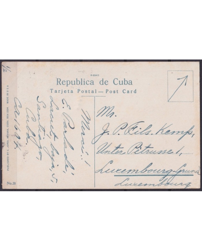 POS-1922 CUBA POSTCARD CIRCA 1910 HAVANA HARBOR LANDSCAPE CABAÑA FORTRESS TO LUXEMBURG.