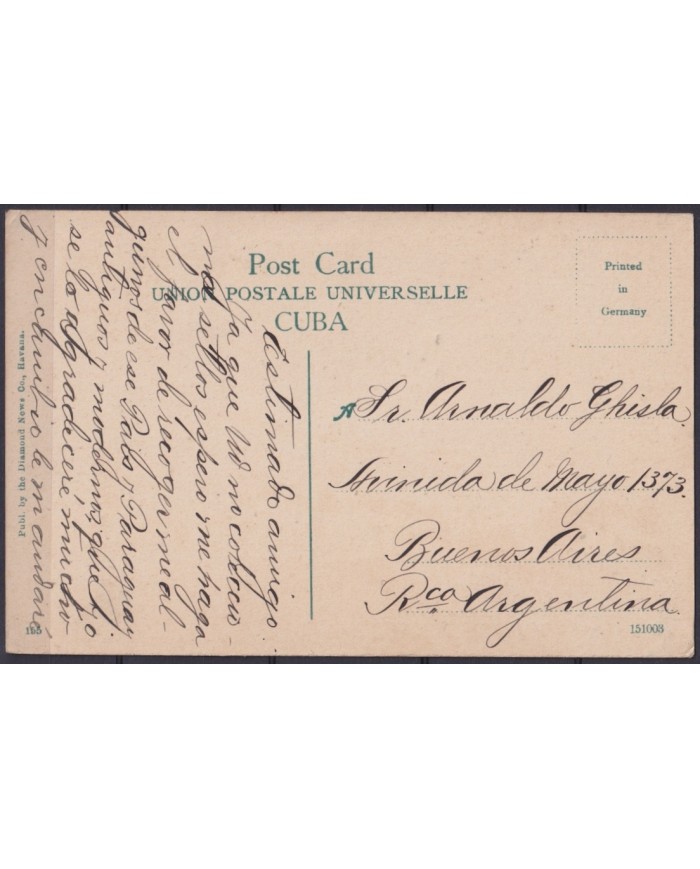 POS-1923 CUBA POSTCARD 1909 HAVANA CATHEDRAL DEDICATION CIENFUEGOS TO ARGENTINA.