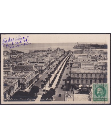 POS-1924 CUBA POSTCARD 1929 HAVANA PRADO STREET & MORRO CASTLE TO ARGENTINA.