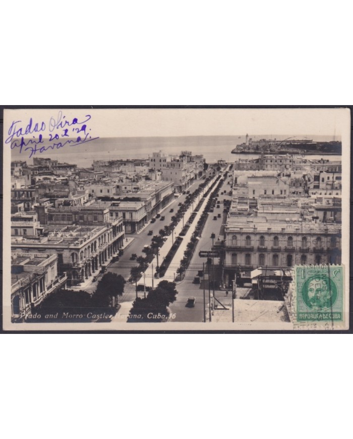 POS-1924 CUBA POSTCARD 1929 HAVANA PRADO STREET & MORRO CASTLE TO ARGENTINA.