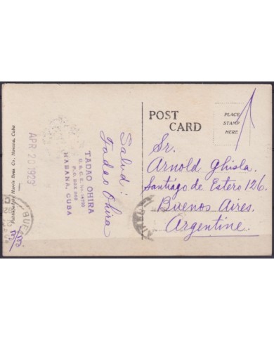 POS-1924 CUBA POSTCARD 1929 HAVANA PRADO STREET & MORRO CASTLE TO ARGENTINA.