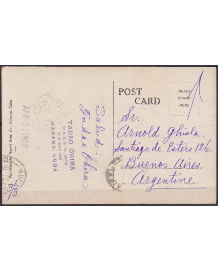 POS-1924 CUBA POSTCARD 1929 HAVANA PRADO STREET & MORRO CASTLE TO ARGENTINA.