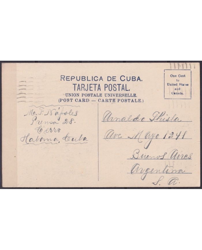 POS-1925 CUBA POSTCARD 1917 1c MAPITAS PALM AVENUE LANDSCAPE TO ARGENTINA.