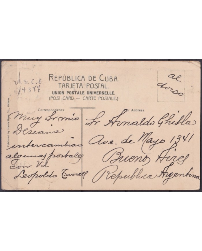 POS-1926 CUBA POSTCARD 1917 HAVANA BOAT OF LANDING TO ARGENTINA.