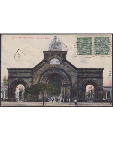 POS-1927 CUBA POSTCARD 1915 1c MAPITAS HAVANA CEMENTERY OF COLUMBUS TO ARGENTINA.