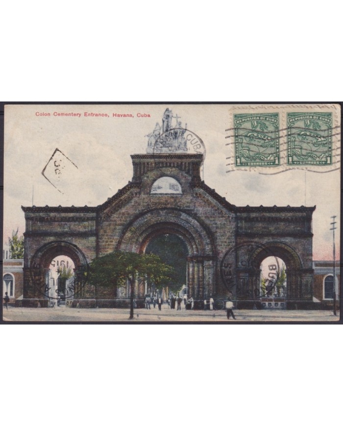 POS-1927 CUBA POSTCARD 1915 1c MAPITAS HAVANA CEMENTERY OF COLUMBUS TO ARGENTINA.
