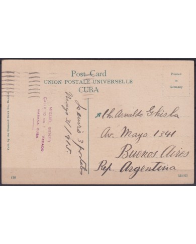 POS-1927 CUBA POSTCARD 1915 1c MAPITAS HAVANA CEMENTERY OF COLUMBUS TO ARGENTINA.