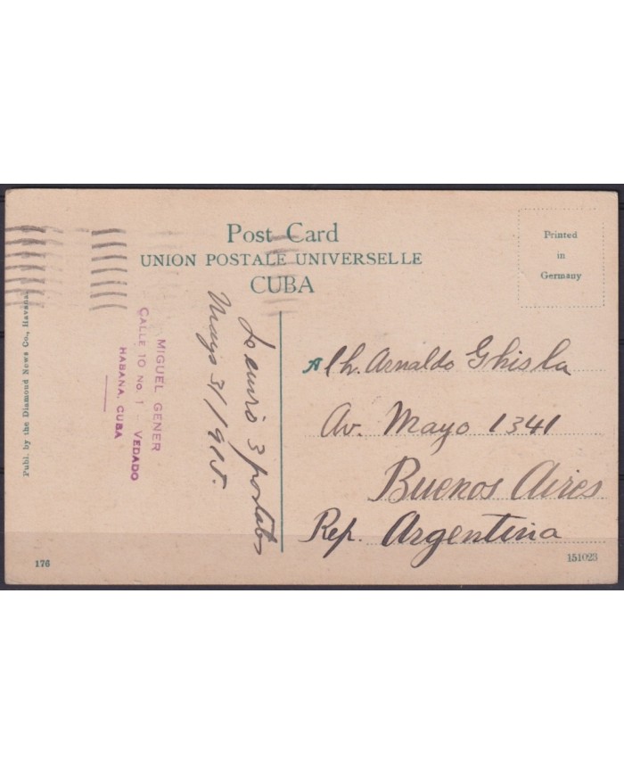 POS-1927 CUBA POSTCARD 1915 1c MAPITAS HAVANA CEMENTERY OF COLUMBUS TO ARGENTINA.