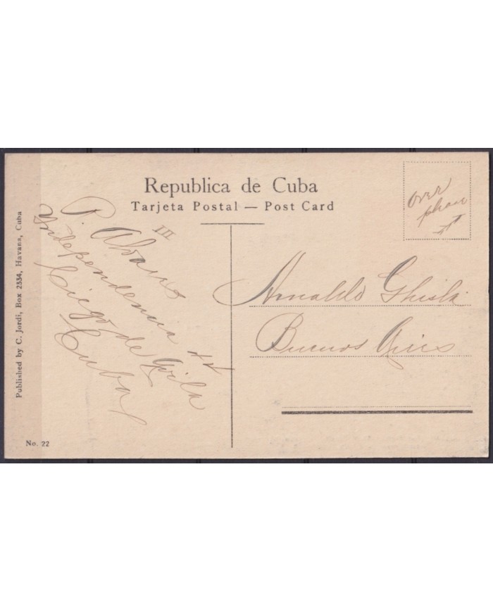 POS-1928 CUBA POSTCARD CIRCA 1917 HAVANA RESIDENCE ET PRADO PROMENADE TO ARGENTINA.